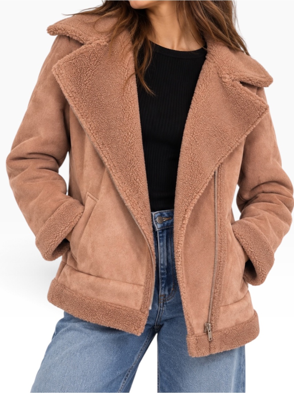 LOFT Pink Faux Shearling Moto Jacket Sz L